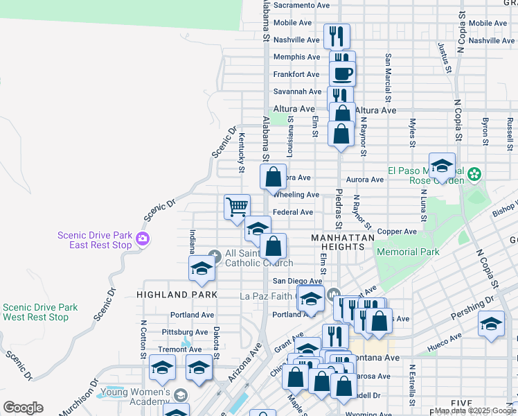 map of restaurants, bars, coffee shops, grocery stores, and more near 2510 Federal Avenue in El Paso