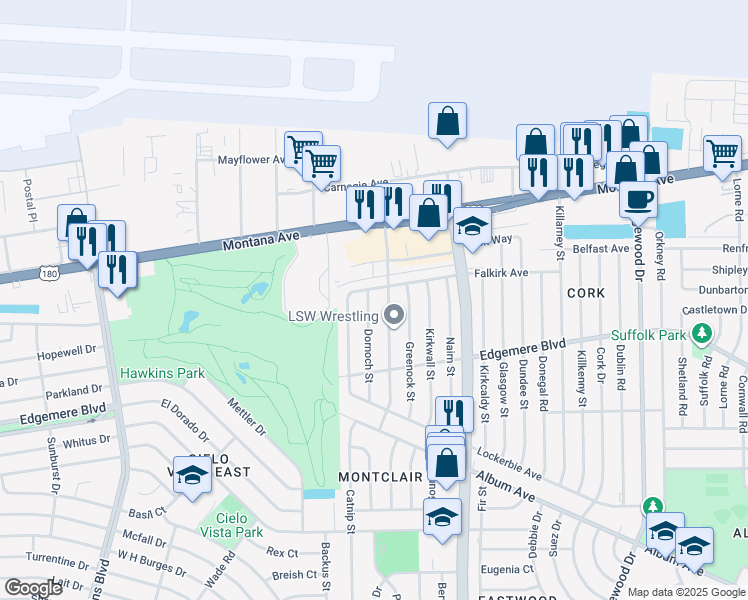 map of restaurants, bars, coffee shops, grocery stores, and more near 3439 Dornoch Street in El Paso