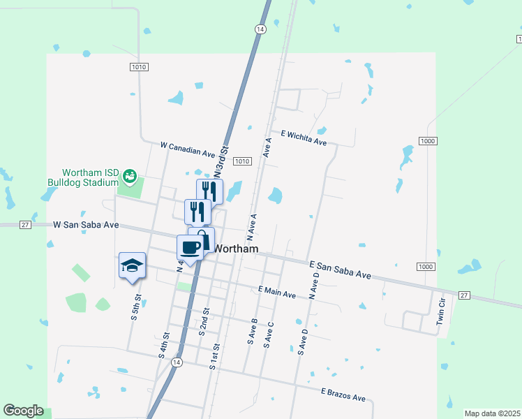 map of restaurants, bars, coffee shops, grocery stores, and more near 520 North Avenue A in Wortham