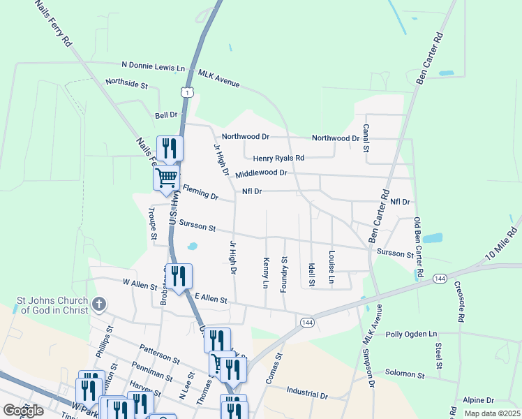 map of restaurants, bars, coffee shops, grocery stores, and more near 353 Kenny Lane in Baxley