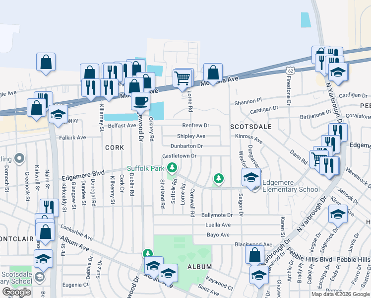map of restaurants, bars, coffee shops, grocery stores, and more near 10200 Shipley Avenue in El Paso