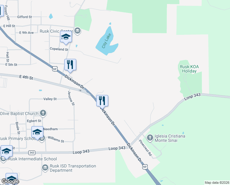 map of restaurants, bars, coffee shops, grocery stores, and more near 245 Nottingham Street in Rusk