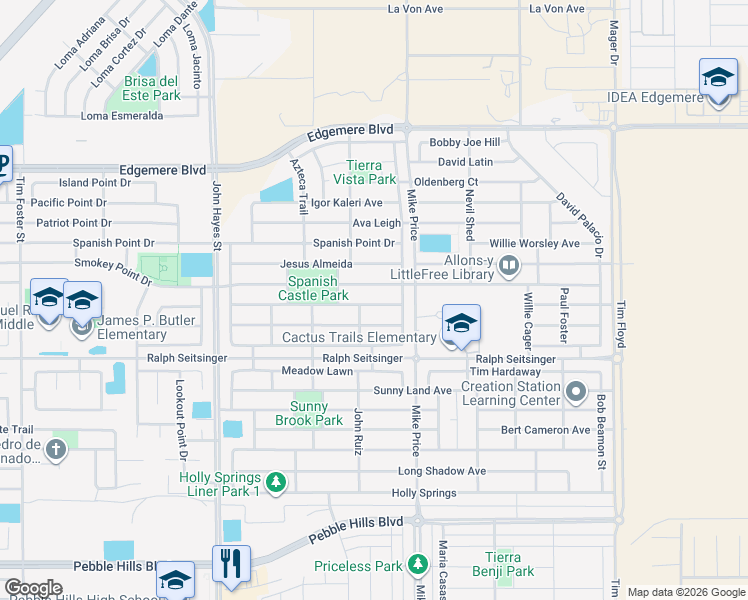 map of restaurants, bars, coffee shops, grocery stores, and more near 14649 Boer Trail in El Paso