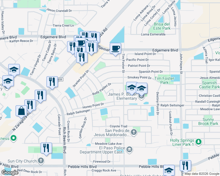 map of restaurants, bars, coffee shops, grocery stores, and more near 14209 Rudy Valdez Drive in El Paso