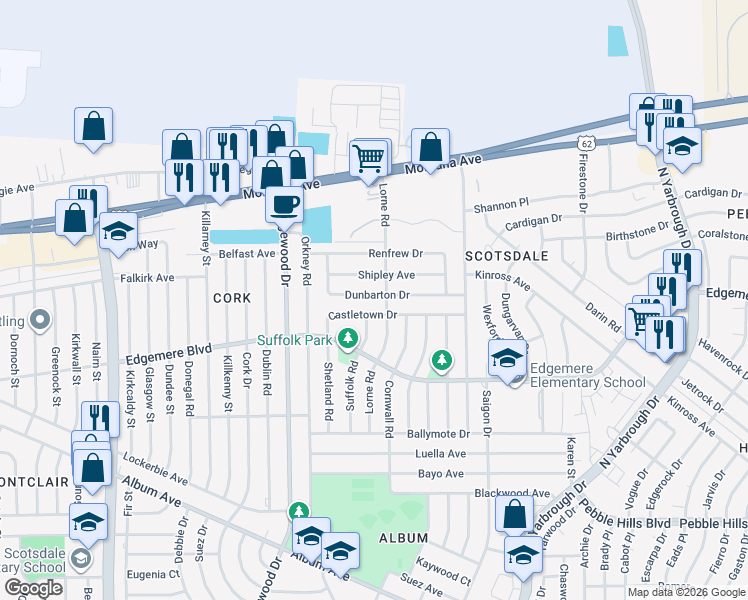 map of restaurants, bars, coffee shops, grocery stores, and more near 10200 Shipley Avenue in El Paso