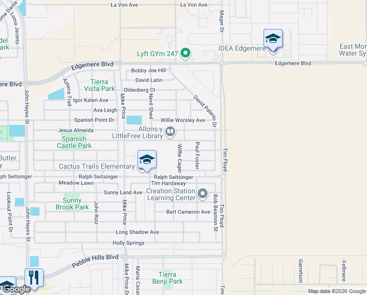 map of restaurants, bars, coffee shops, grocery stores, and more near 14860 Harry Flournoy in El Paso