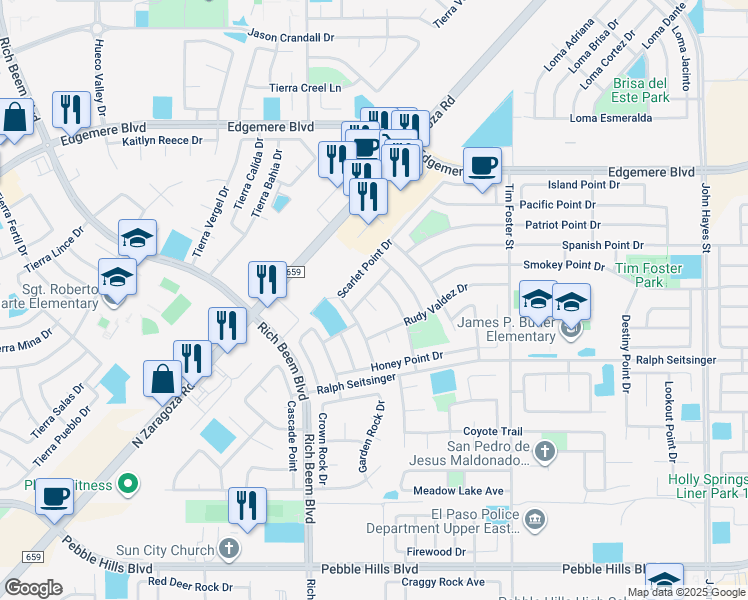 map of restaurants, bars, coffee shops, grocery stores, and more near 3276 Leah Point Lane in El Paso