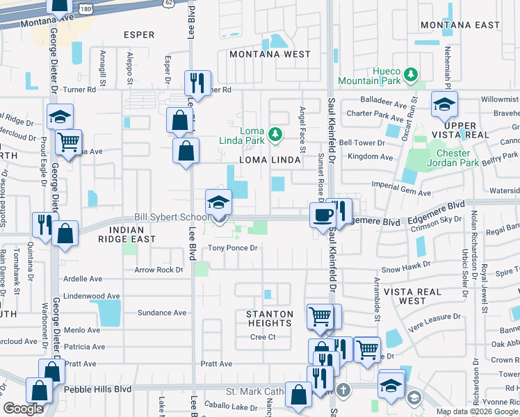 map of restaurants, bars, coffee shops, grocery stores, and more near 3408 Jan De Roos Place in El Paso