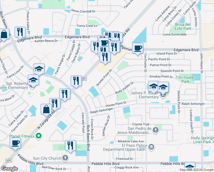 map of restaurants, bars, coffee shops, grocery stores, and more near 3328 Scarlet Point Drive in El Paso