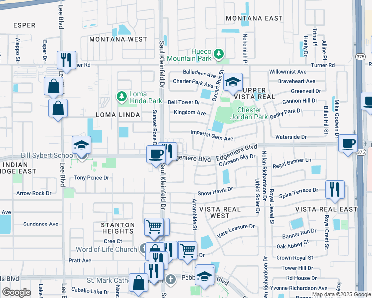 map of restaurants, bars, coffee shops, grocery stores, and more near 3428 Crimson Crest Lane in El Paso