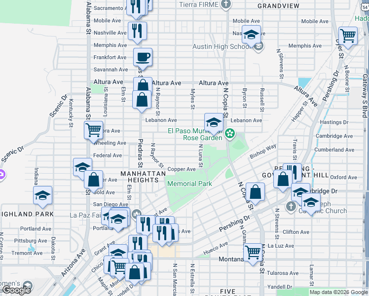 map of restaurants, bars, coffee shops, grocery stores, and more near 3105 Wheeling Avenue in El Paso