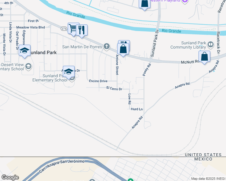 map of restaurants, bars, coffee shops, grocery stores, and more near Encino Dr in Sunland Park