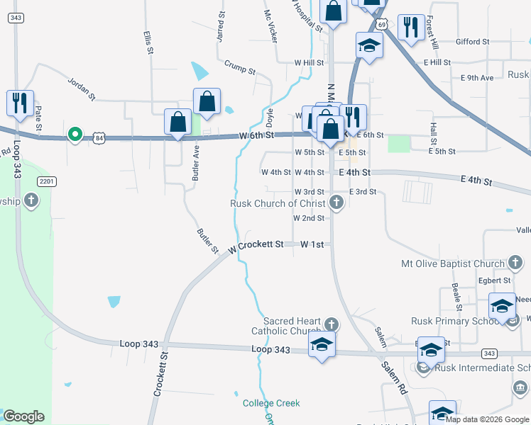 map of restaurants, bars, coffee shops, grocery stores, and more near 100-248 Welch St in Rusk