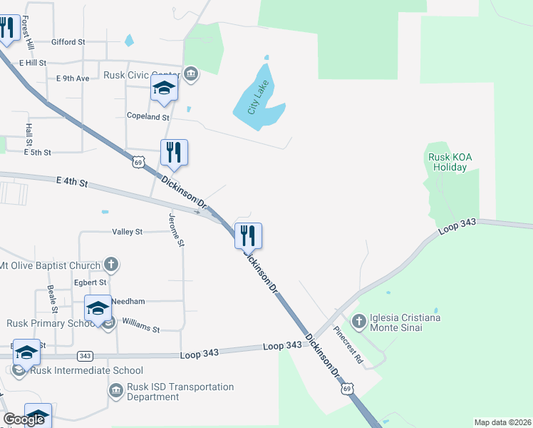 map of restaurants, bars, coffee shops, grocery stores, and more near 245 Nottingham in Rusk