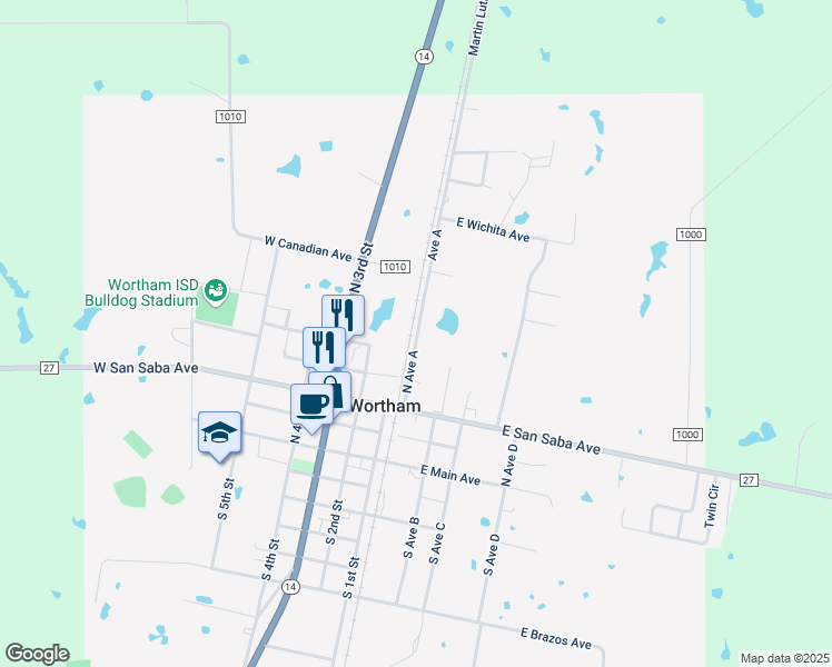 map of restaurants, bars, coffee shops, grocery stores, and more near 520-522 North Avenue A in Wortham