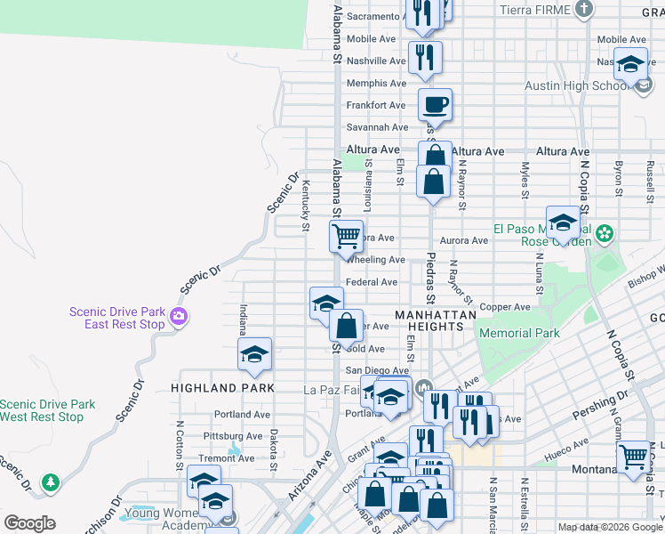 map of restaurants, bars, coffee shops, grocery stores, and more near 2609 Wheeling Avenue in El Paso