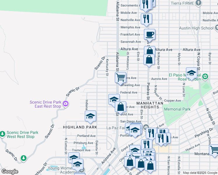 map of restaurants, bars, coffee shops, grocery stores, and more near 2509 Wheeling Avenue in El Paso