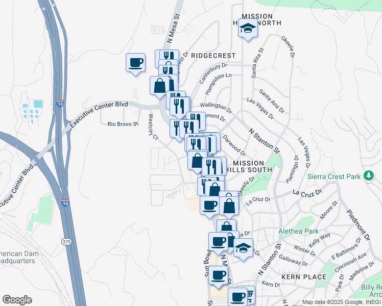 map of restaurants, bars, coffee shops, grocery stores, and more near 4141 North Mesa Street in El Paso