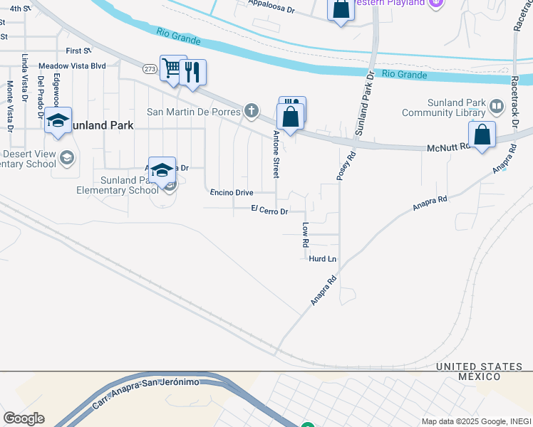 map of restaurants, bars, coffee shops, grocery stores, and more near Encino Dr in Sunland Park