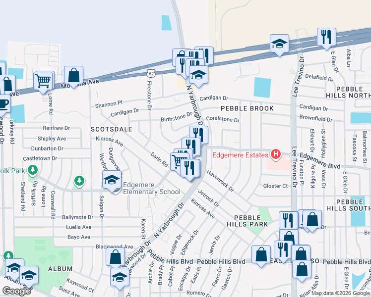 map of restaurants, bars, coffee shops, grocery stores, and more near 10637 Edgemere Boulevard in El Paso