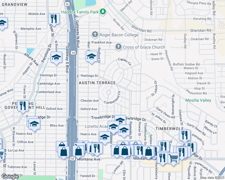 map of restaurants, bars, coffee shops, grocery stores, and more near 250 Pennsylvania Circle in El Paso
