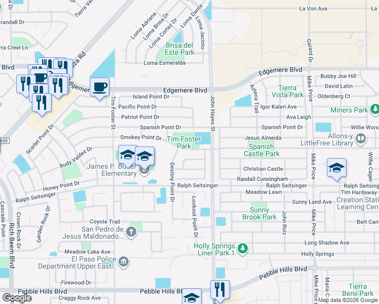 map of restaurants, bars, coffee shops, grocery stores, and more near 14410 Smokey Point Drive in El Paso