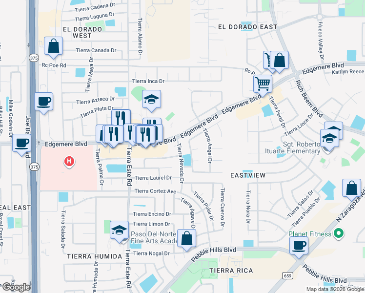 map of restaurants, bars, coffee shops, grocery stores, and more near 3336 Tierra Nevada Drive in El Paso
