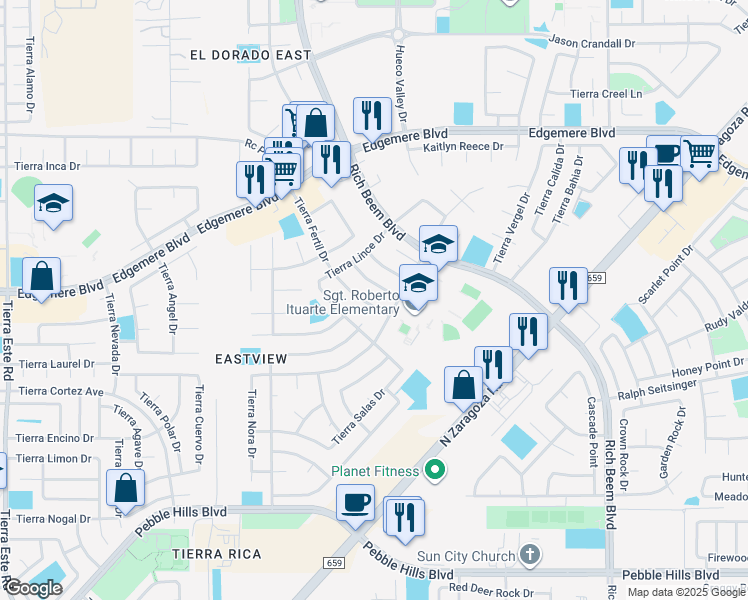 map of restaurants, bars, coffee shops, grocery stores, and more near 3316 Tierra Fertil Drive in El Paso