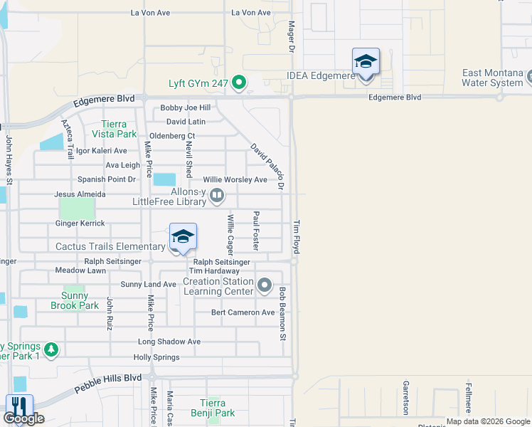 map of restaurants, bars, coffee shops, grocery stores, and more near 14961 Boer Trail in El Paso
