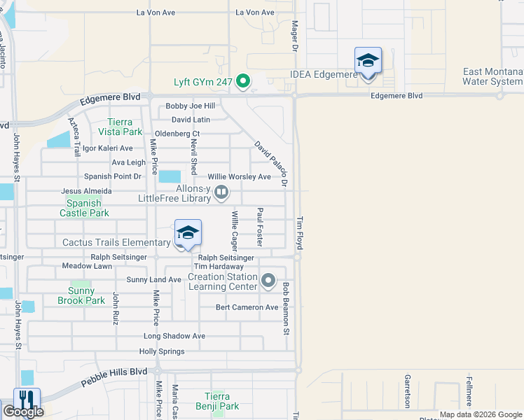 map of restaurants, bars, coffee shops, grocery stores, and more near 14961 Boer Trail in El Paso