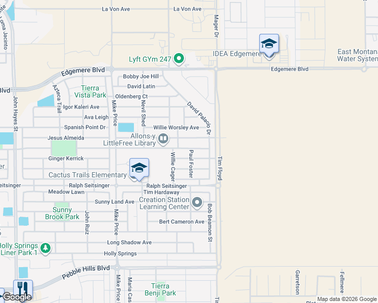 map of restaurants, bars, coffee shops, grocery stores, and more near 14961 Boer Trail in El Paso