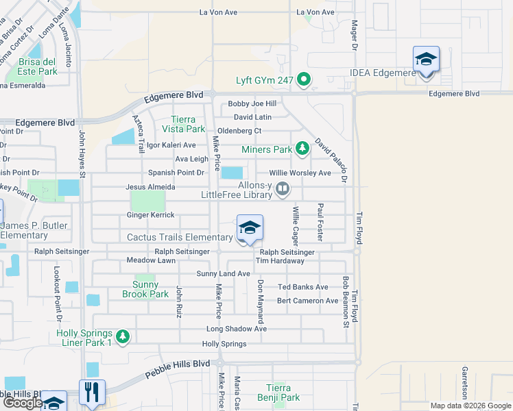 map of restaurants, bars, coffee shops, grocery stores, and more near 14748 Harry Flournoy in El Paso