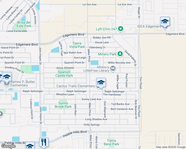 map of restaurants, bars, coffee shops, grocery stores, and more near 14712 Boer Trail in El Paso