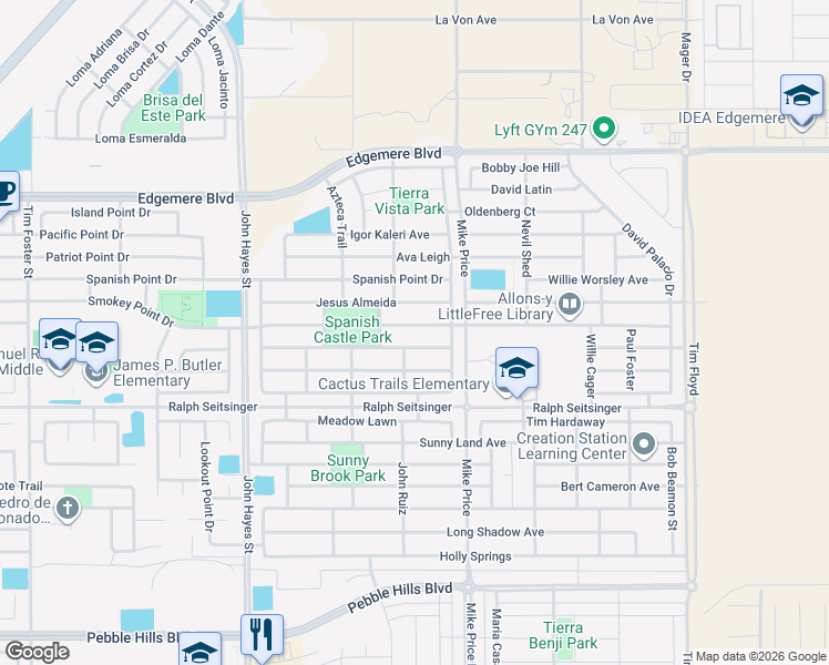 map of restaurants, bars, coffee shops, grocery stores, and more near 14649 Boer Trail in El Paso