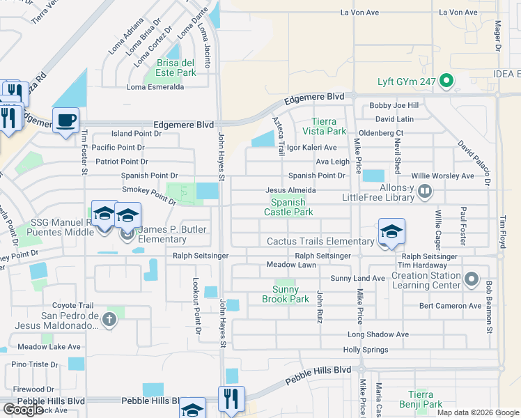 map of restaurants, bars, coffee shops, grocery stores, and more near 14529 Smokey Point Drive in El Paso