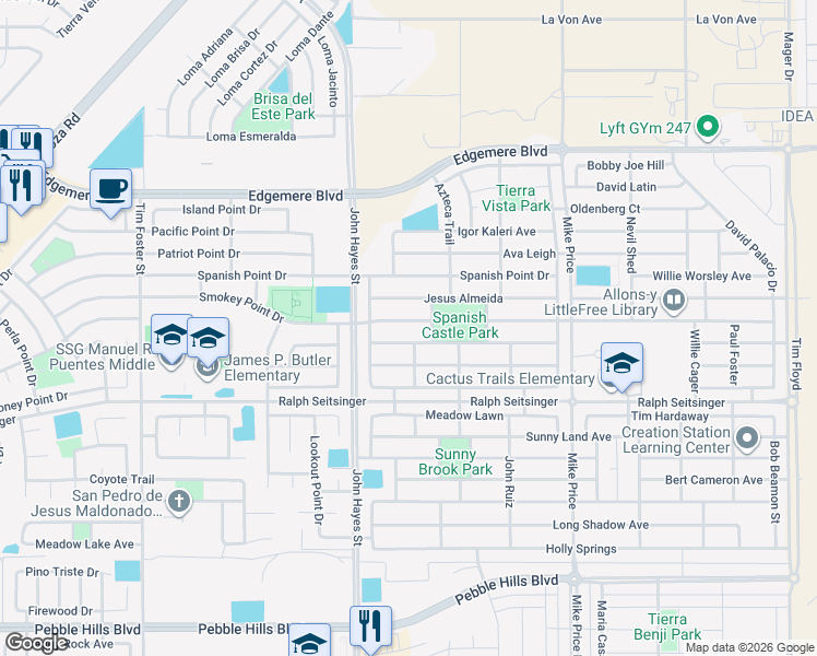 map of restaurants, bars, coffee shops, grocery stores, and more near 14529 Smokey Point Drive in El Paso