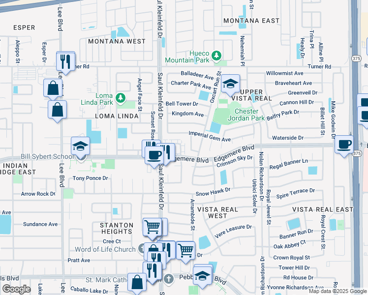 map of restaurants, bars, coffee shops, grocery stores, and more near 3428 Crimson Crest Lane in El Paso