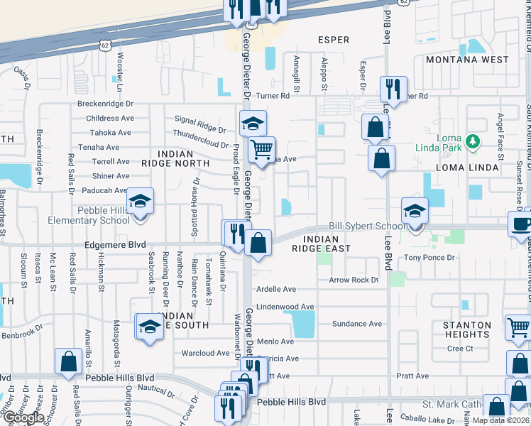 map of restaurants, bars, coffee shops, grocery stores, and more near 3444 Rising Sun Street in El Paso