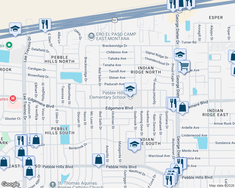 map of restaurants, bars, coffee shops, grocery stores, and more near 3432 Hickman Street in El Paso