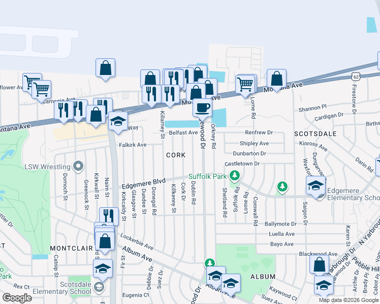 map of restaurants, bars, coffee shops, grocery stores, and more near 3320 Cork Drive in El Paso