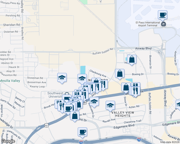 map of restaurants, bars, coffee shops, grocery stores, and more near 6221 Cherbourg Avenue in El Paso