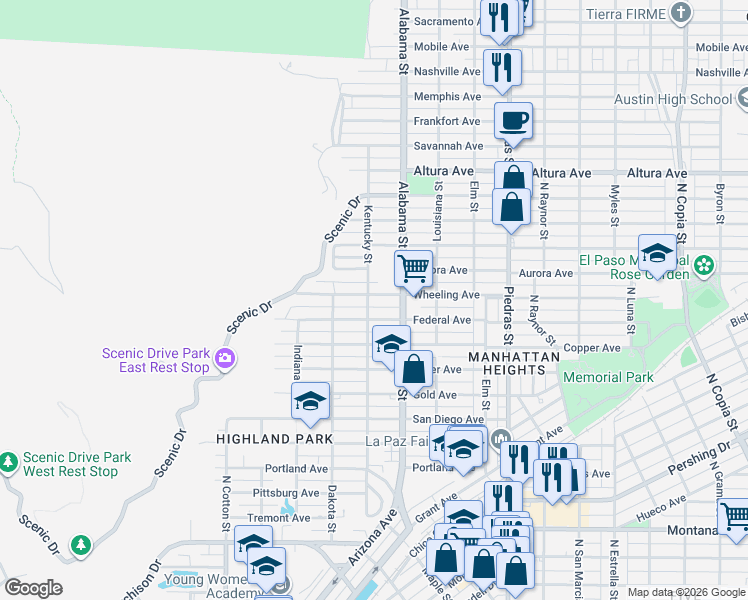 map of restaurants, bars, coffee shops, grocery stores, and more near 2509 Wheeling Avenue in El Paso