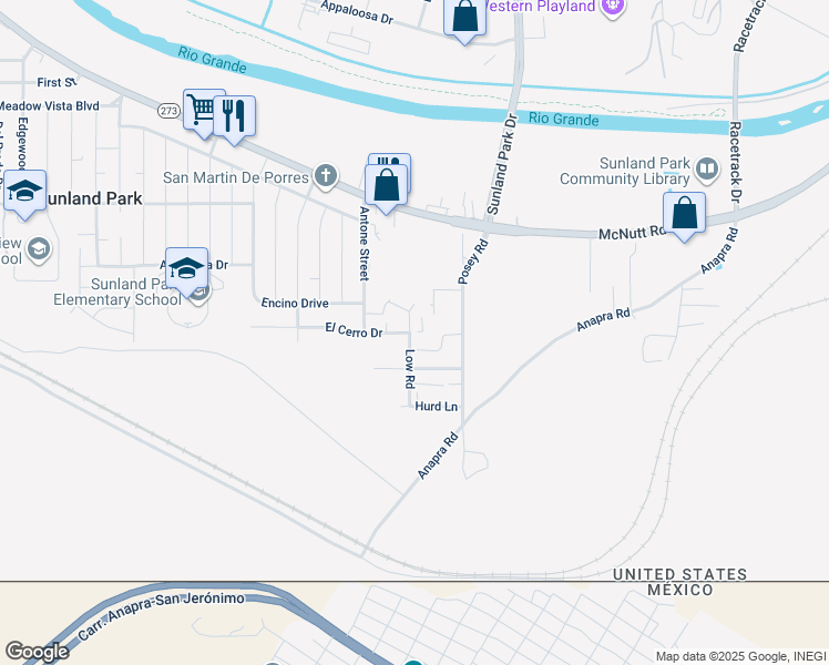 map of restaurants, bars, coffee shops, grocery stores, and more near 205-4-205-6 Low Rd in Sunland Park