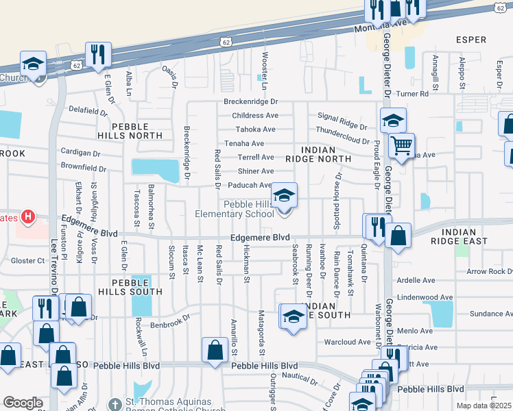 map of restaurants, bars, coffee shops, grocery stores, and more near 3432 Hickman Street in El Paso