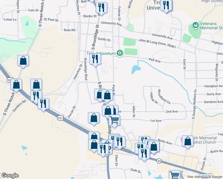 map of restaurants, bars, coffee shops, grocery stores, and more near 1104 Park Street in Troy