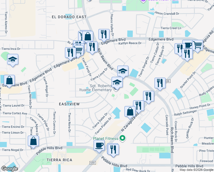map of restaurants, bars, coffee shops, grocery stores, and more near 3312 Tierra Yvette Lane in El Paso