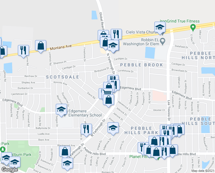 map of restaurants, bars, coffee shops, grocery stores, and more near 10637 Edgemere Boulevard in El Paso