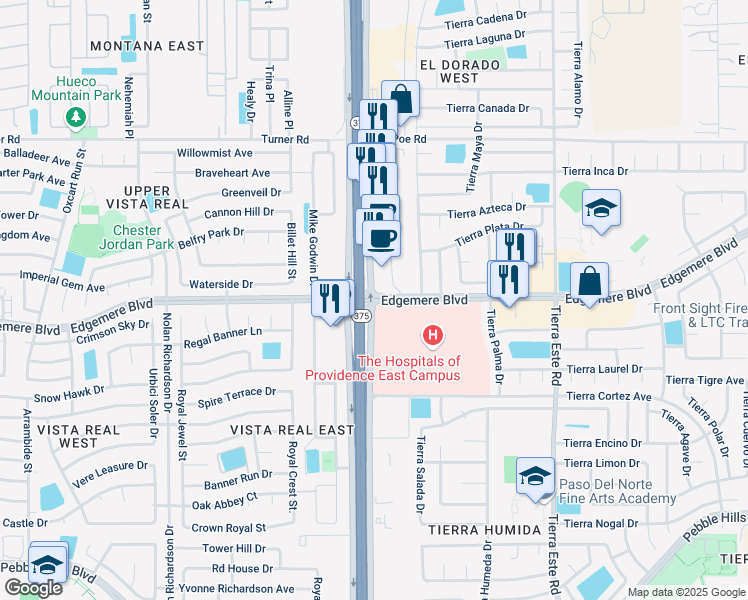map of restaurants, bars, coffee shops, grocery stores, and more near 6400 Edgemere Boulevard in El Paso