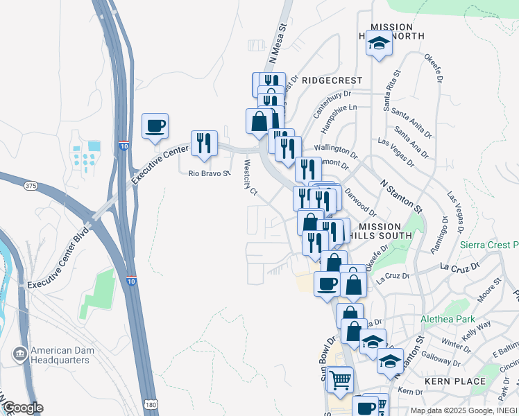 map of restaurants, bars, coffee shops, grocery stores, and more near 52 West Wallington Drive in El Paso