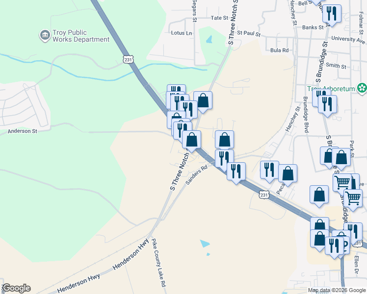map of restaurants, bars, coffee shops, grocery stores, and more near 100 Anderson Street in Troy